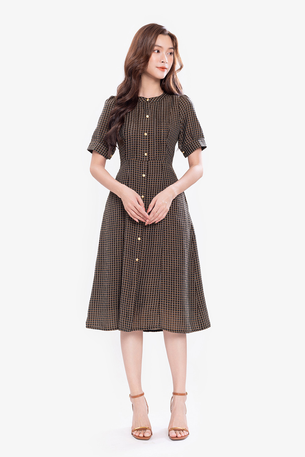 Đầm sơ mi caro nhí dáng xòe dài