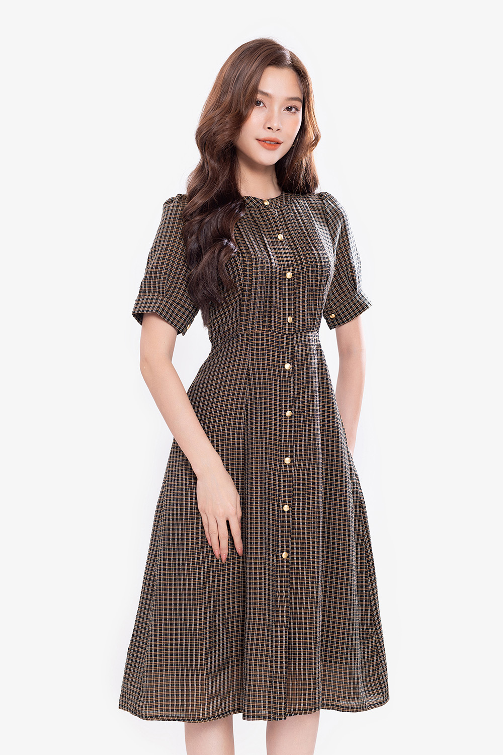 Đầm sơ mi caro nhí dáng xòe dài