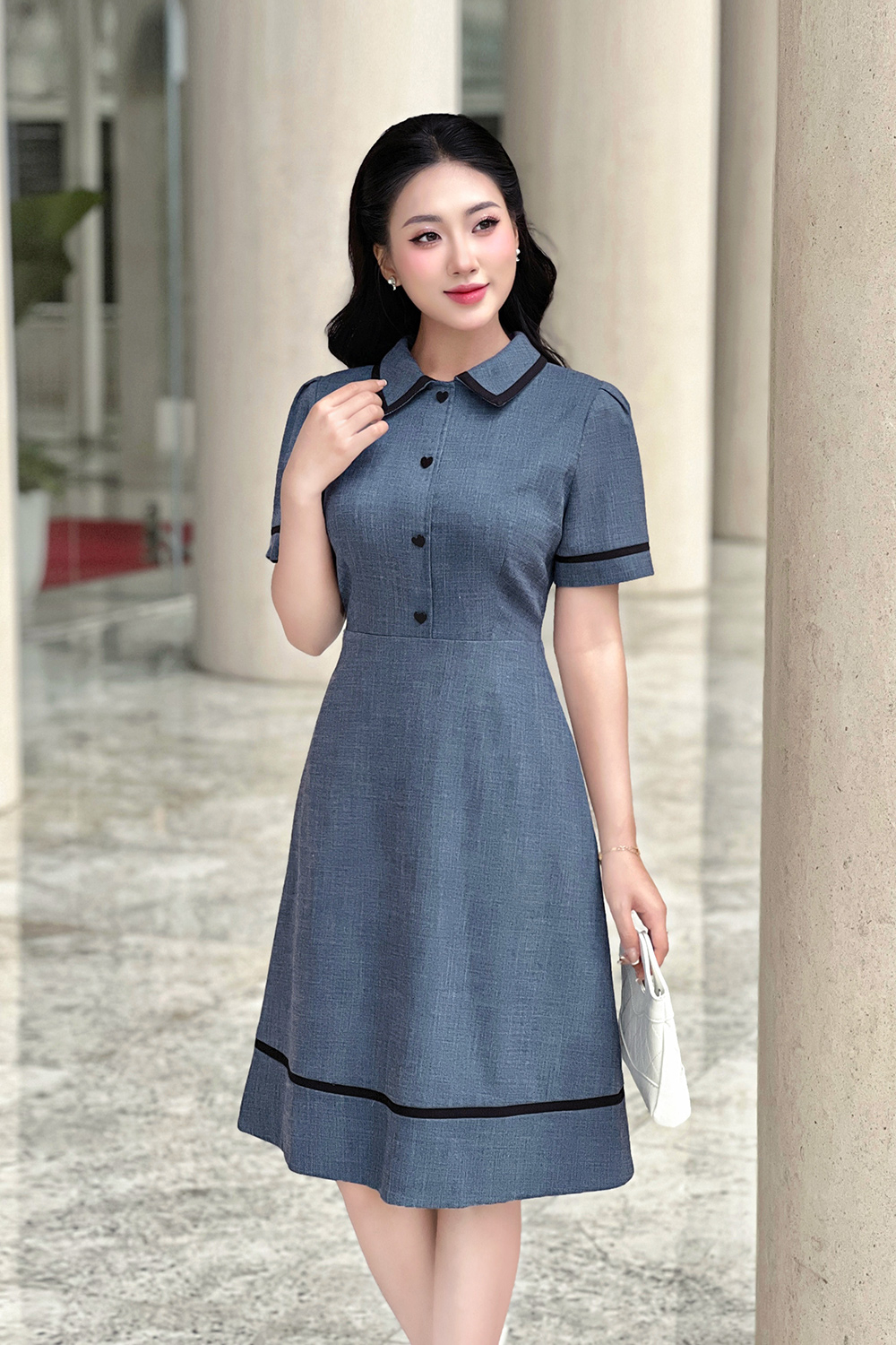 Đầm chữ A công sở cổ sơ mi tay ngắn