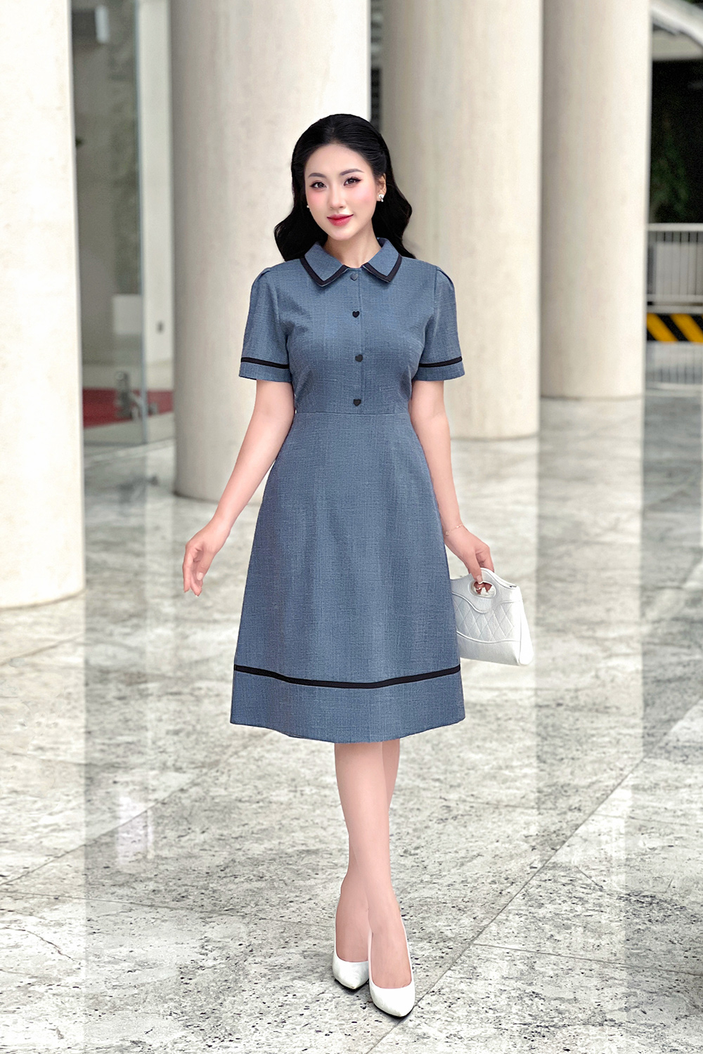 Đầm chữ A công sở cổ sơ mi tay ngắn