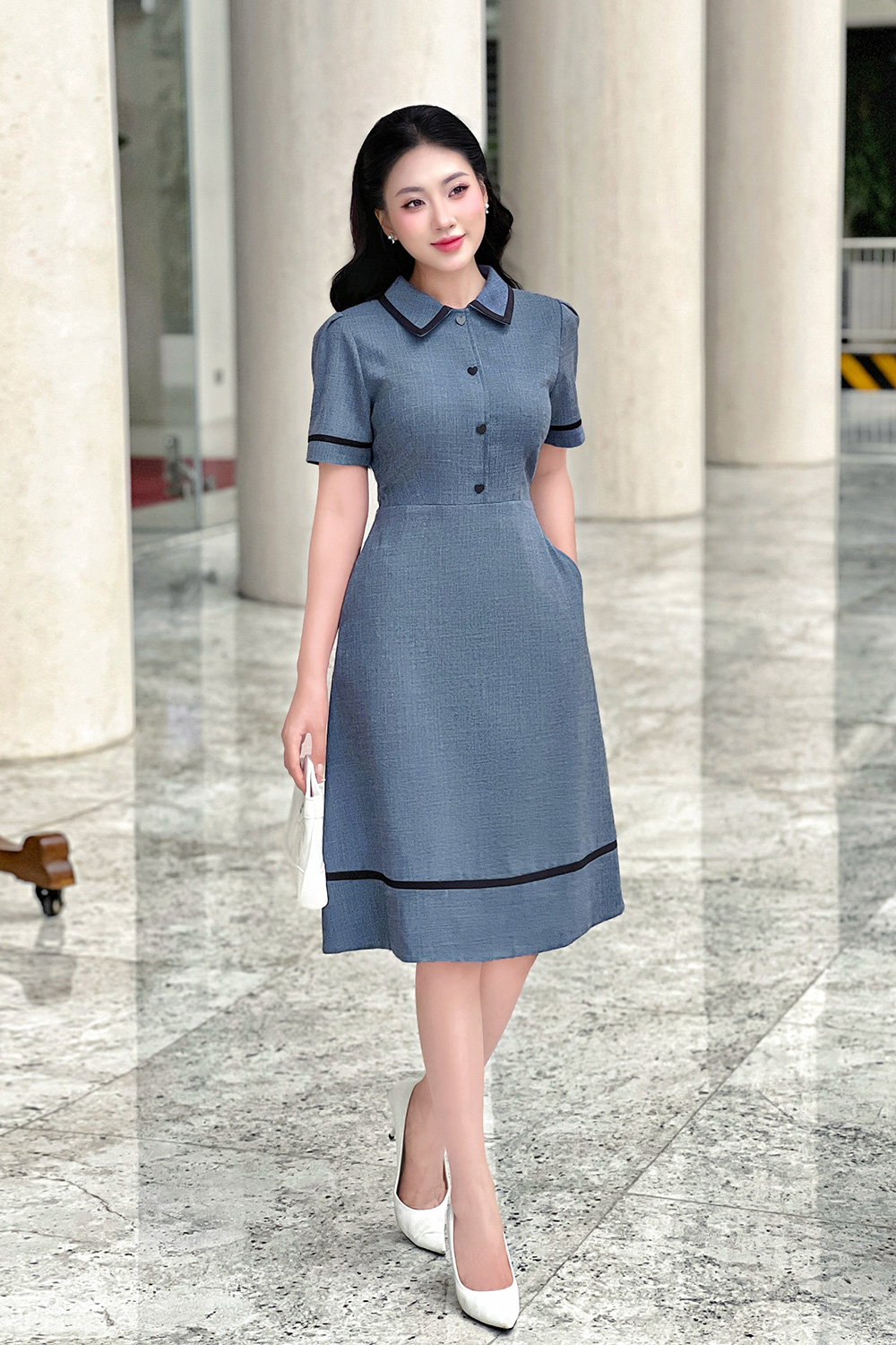 Đầm chữ A công sở cổ sơ mi tay ngắn