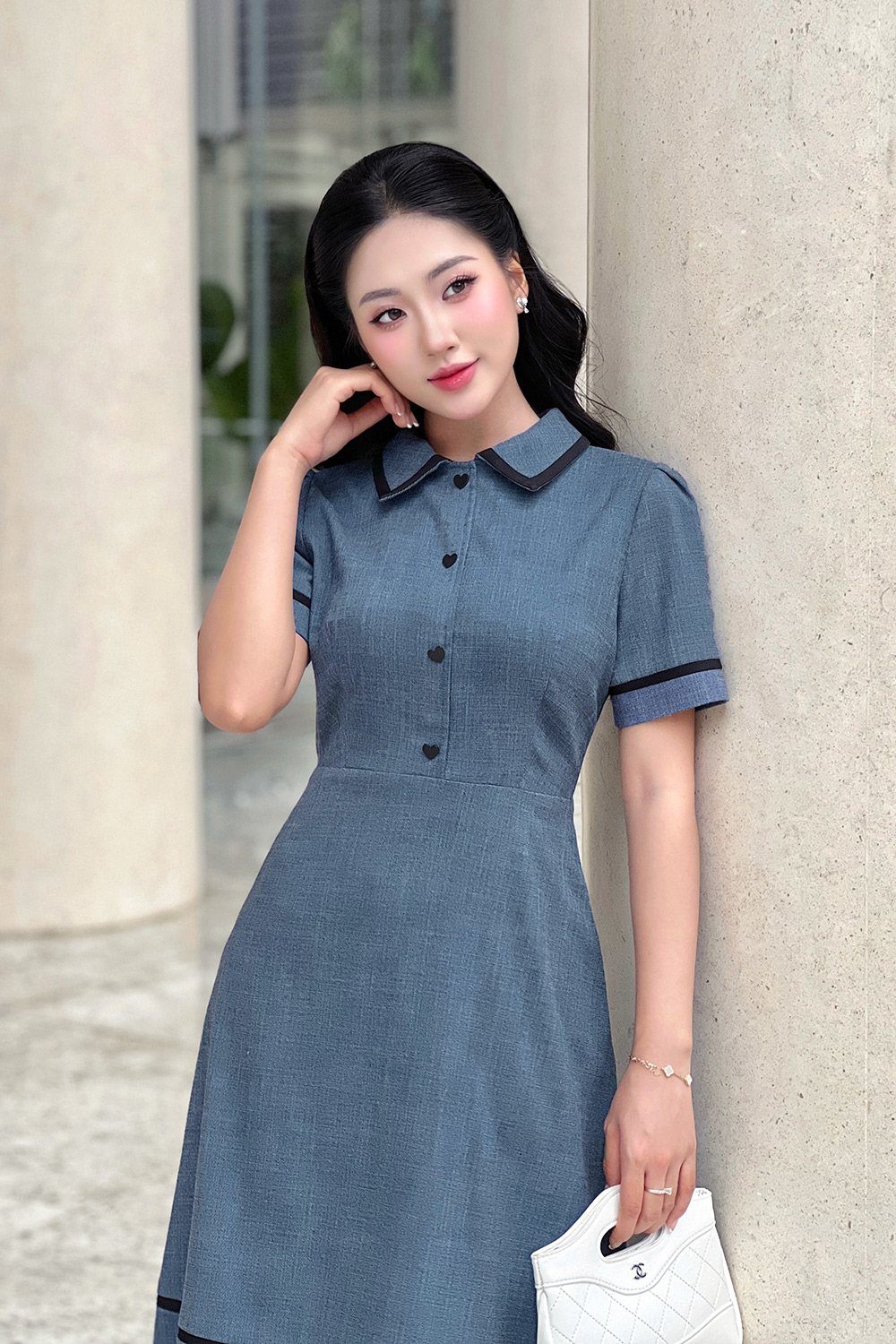 Đầm chữ A công sở cổ sơ mi tay ngắn