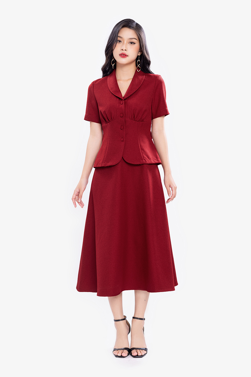 Áo công sở màu đỏ phối belt