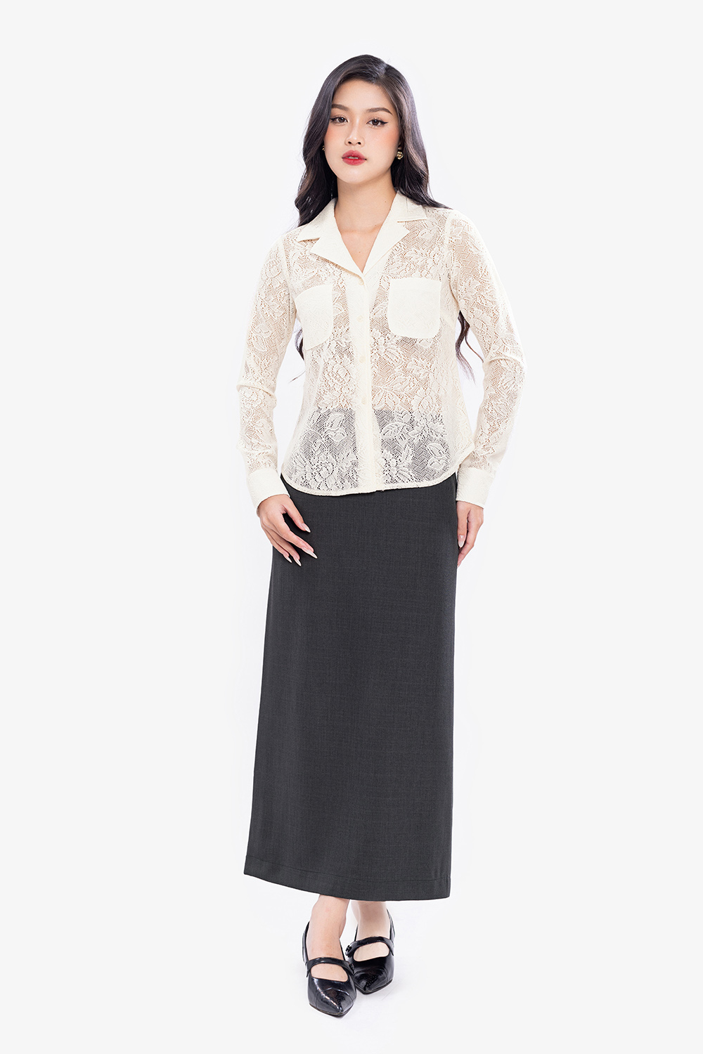 Áo ren kiểu sơ mi nữ cổ đan tông