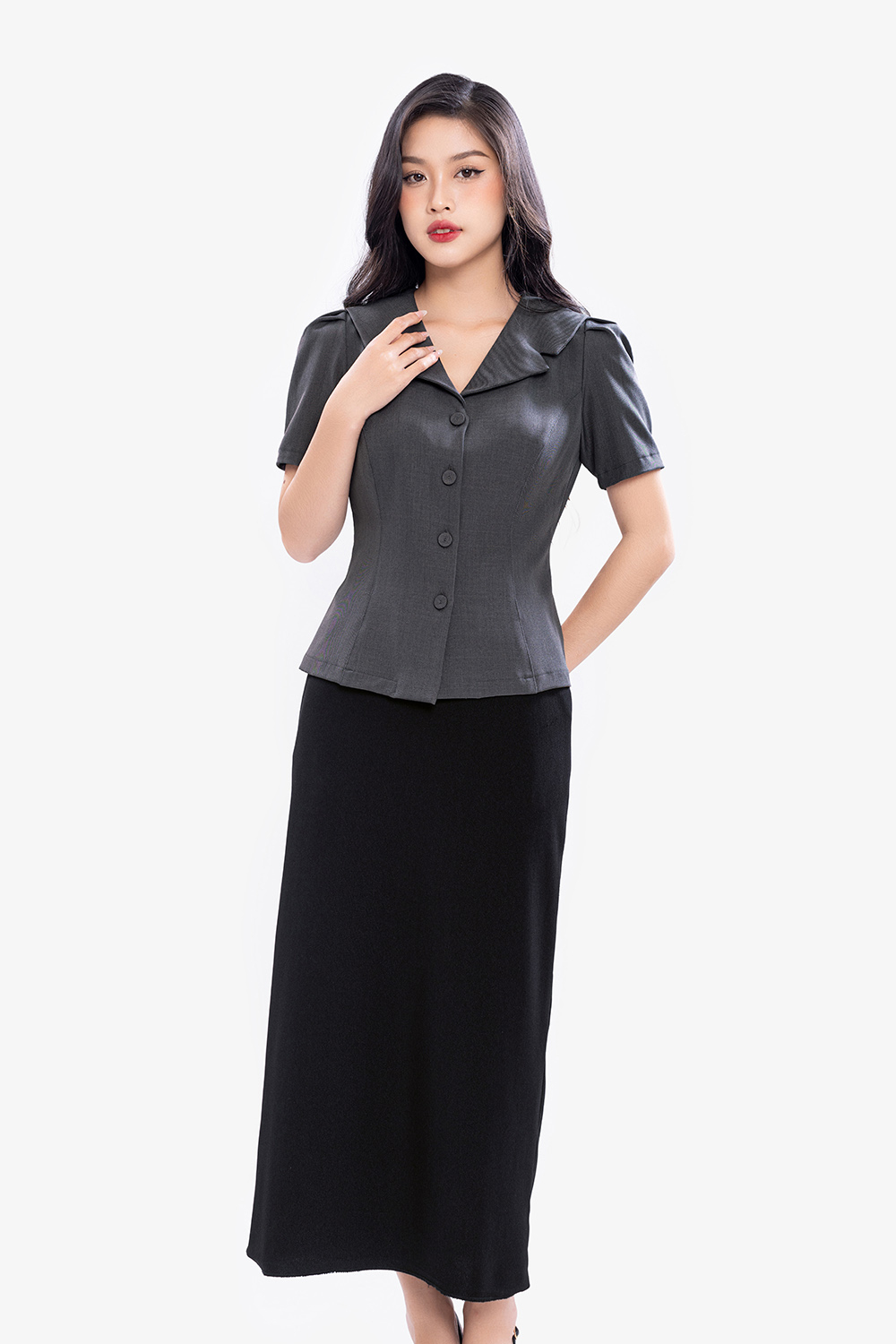 Áo công sở nữ màu xám cổ đan tông