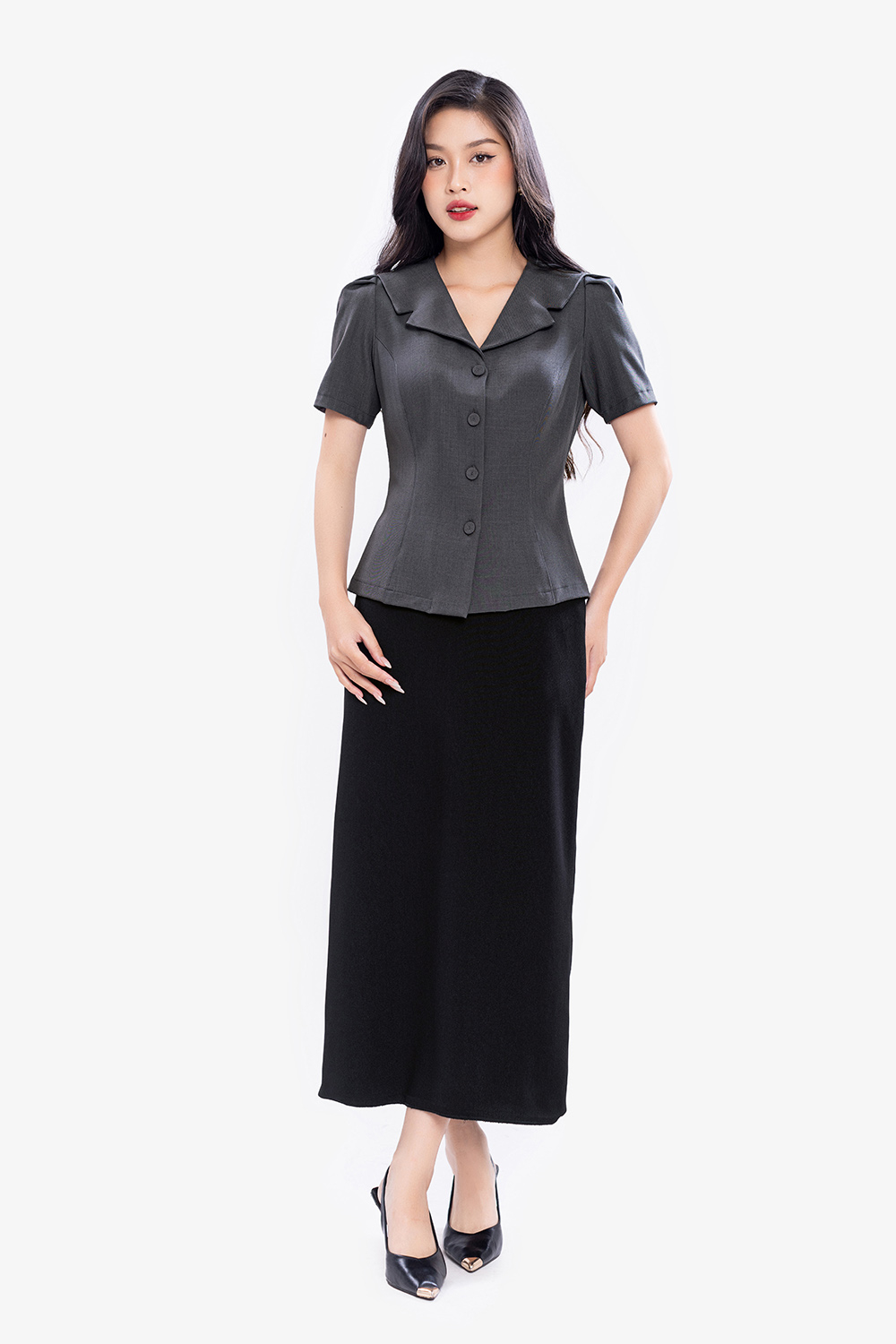 Áo công sở nữ màu xám cổ đan tông