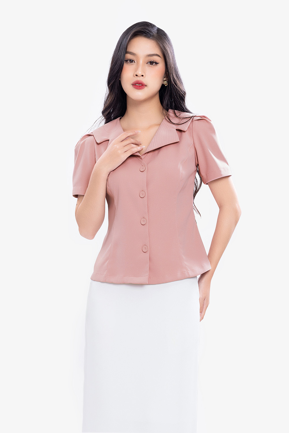 Áo kiểu công sở tay ngắn màu hồng