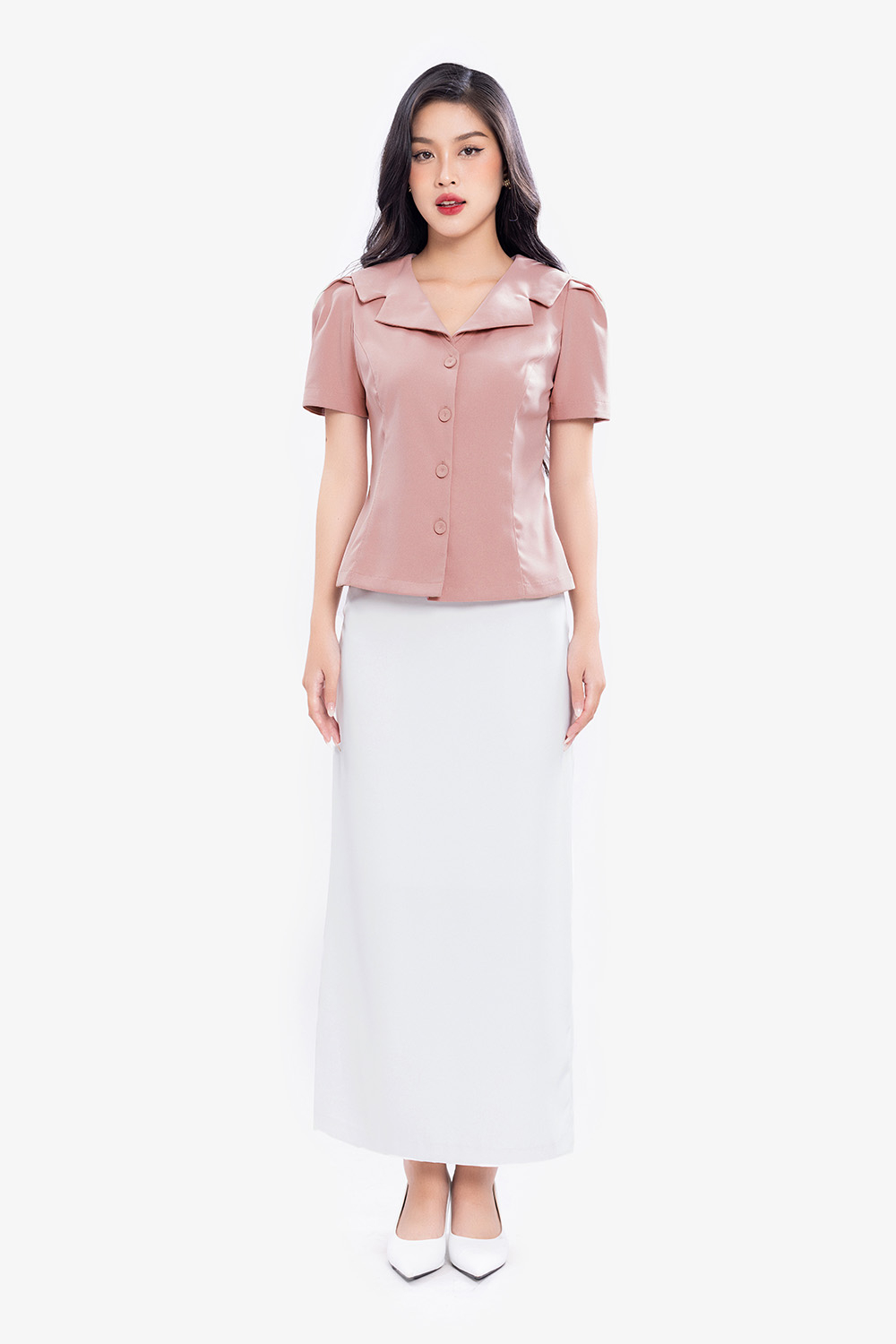 Áo kiểu công sở tay ngắn màu hồng
