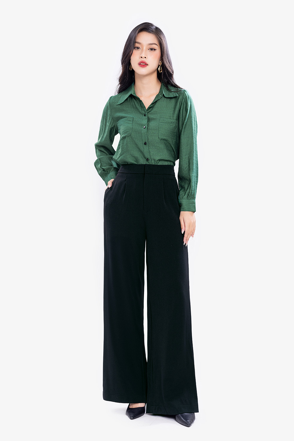 Quần đen công sở ống suông xếp một ly