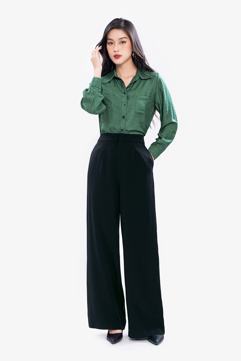 Quần đen công sở ống suông xếp một ly