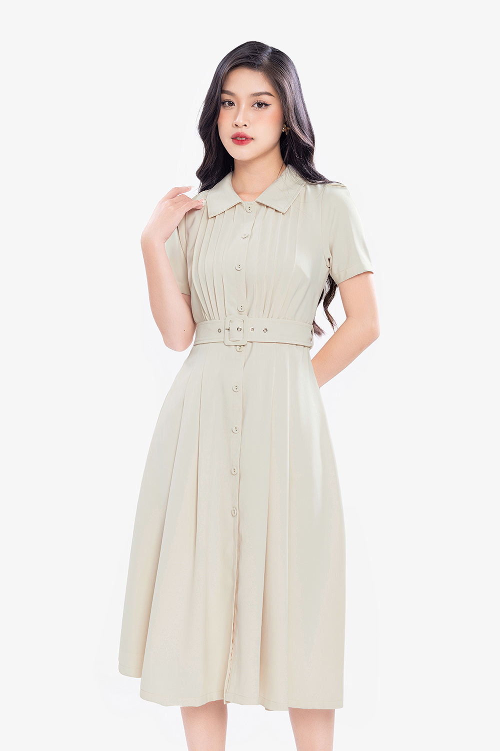 Đầm xòe xếp ly dáng dài cổ sơ mi phối belt