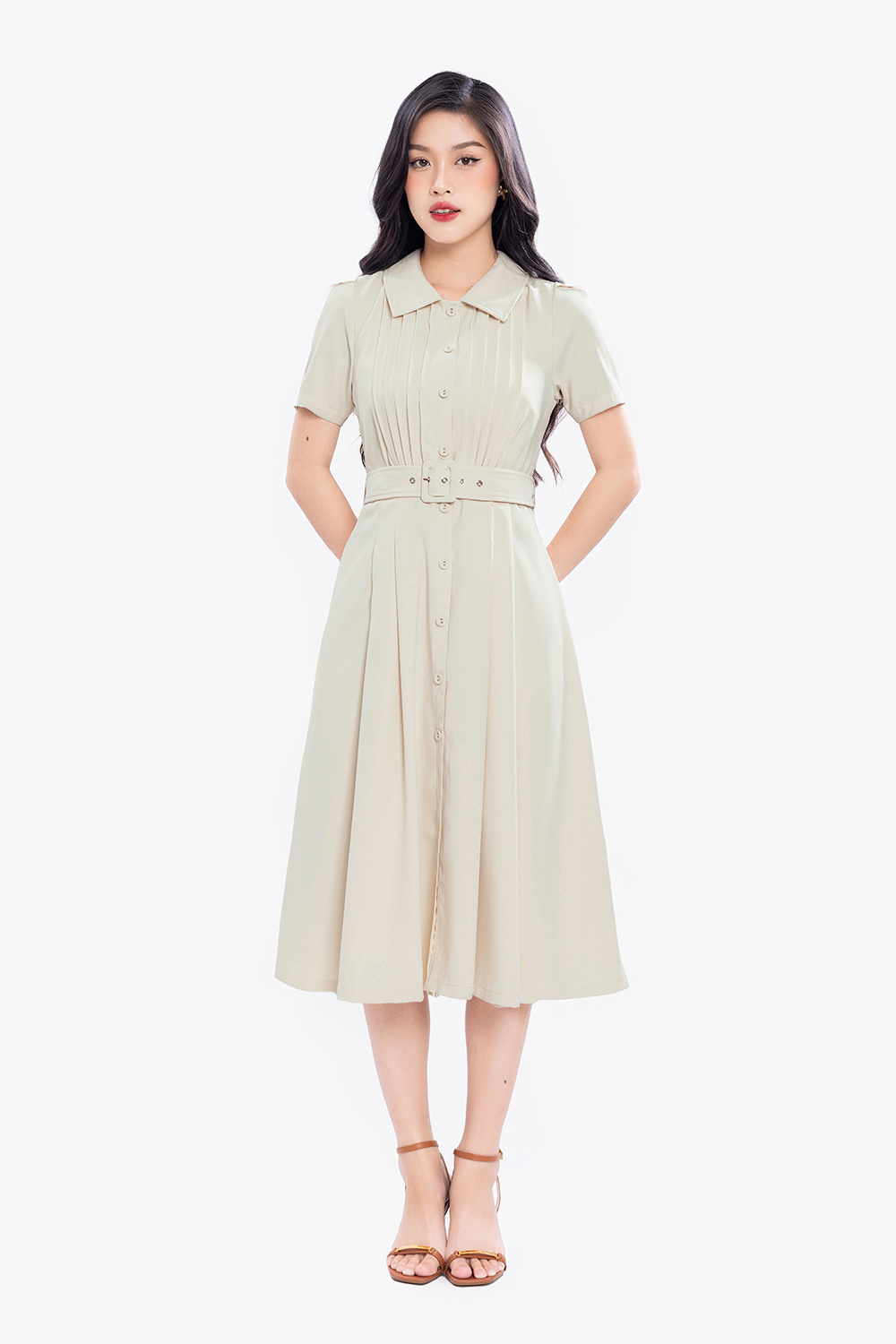 Đầm xòe xếp ly dáng dài cổ sơ mi phối belt