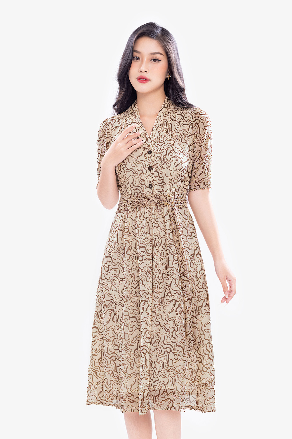 Đầm công sở dáng xòe họa tiết eo xếp ly