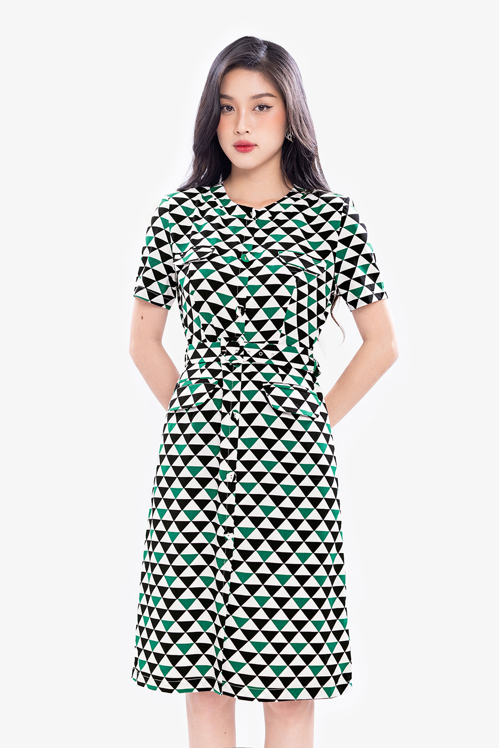 Đầm chữ A họa tiết phối thắt lưng