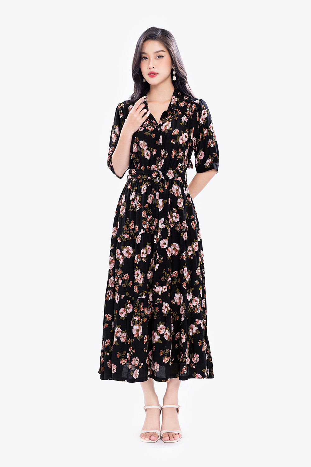 Đầm sơ mi đen hoa dáng dài đuôi cá