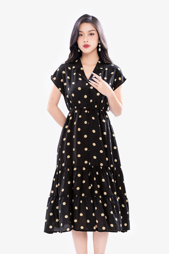 Đầm đen chấm bi dáng dài eo bo chun HL29-39