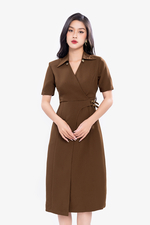 Đầm chữ A màu nâu tùng đắp chéo
