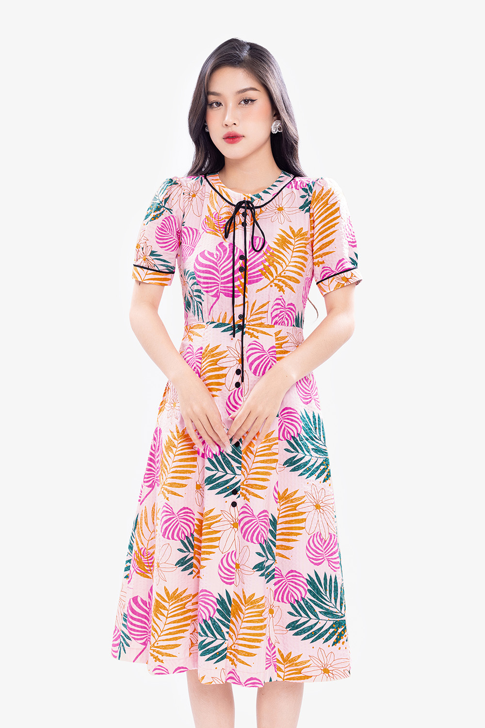 Đầm xòe họa tiết nhiều màu phối nơ