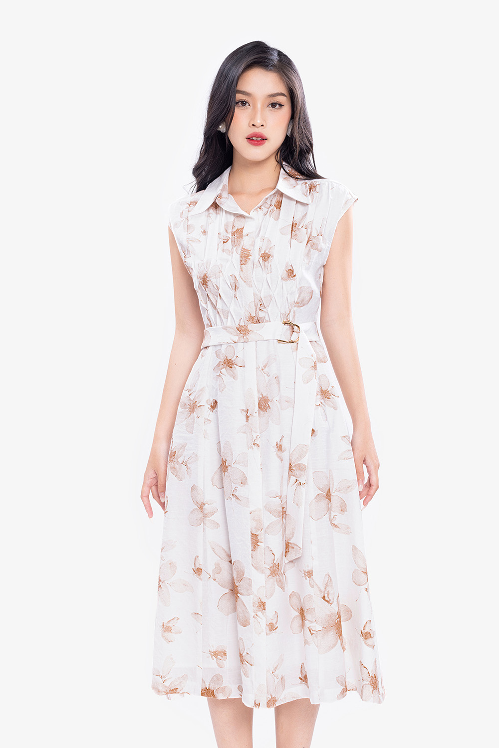 Đầm sơ mi hoa dáng xòe dài phối thắt eo