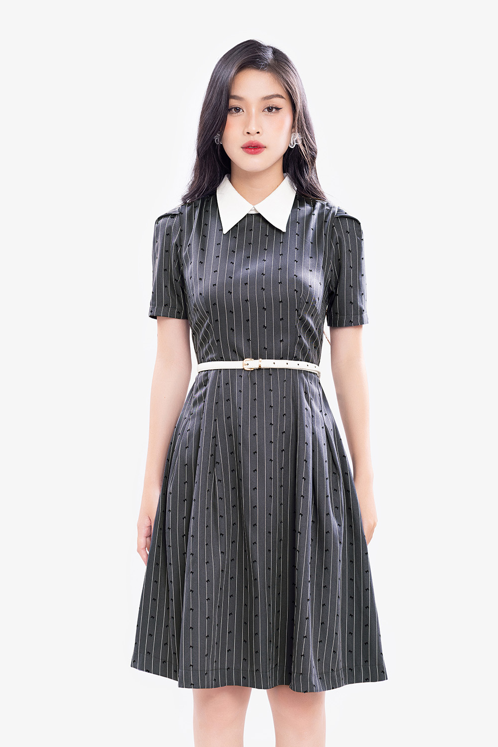 Đầm xòe công sở kẻ sọc cổ sơ mi