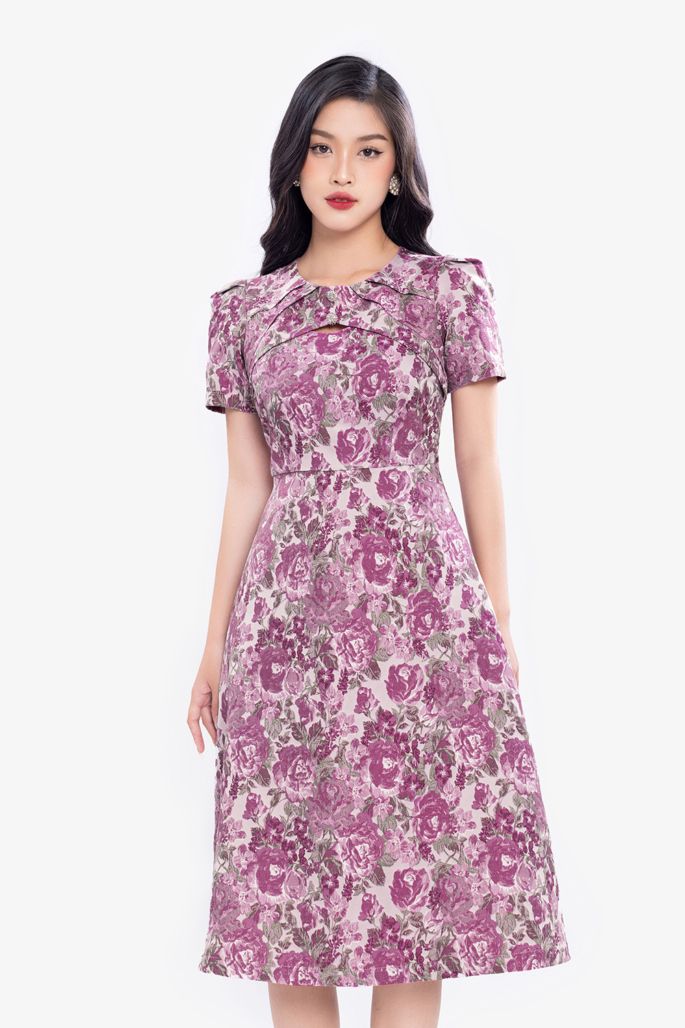 Đầm hoa đi tiệc dáng chữ A xếp ly cổ