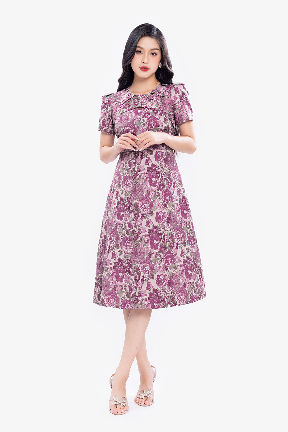 Đầm hoa đi tiệc dáng chữ A xếp ly cổ