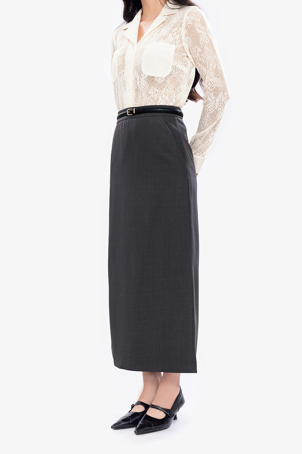 Chân váy suông ôm dáng dài màu xám