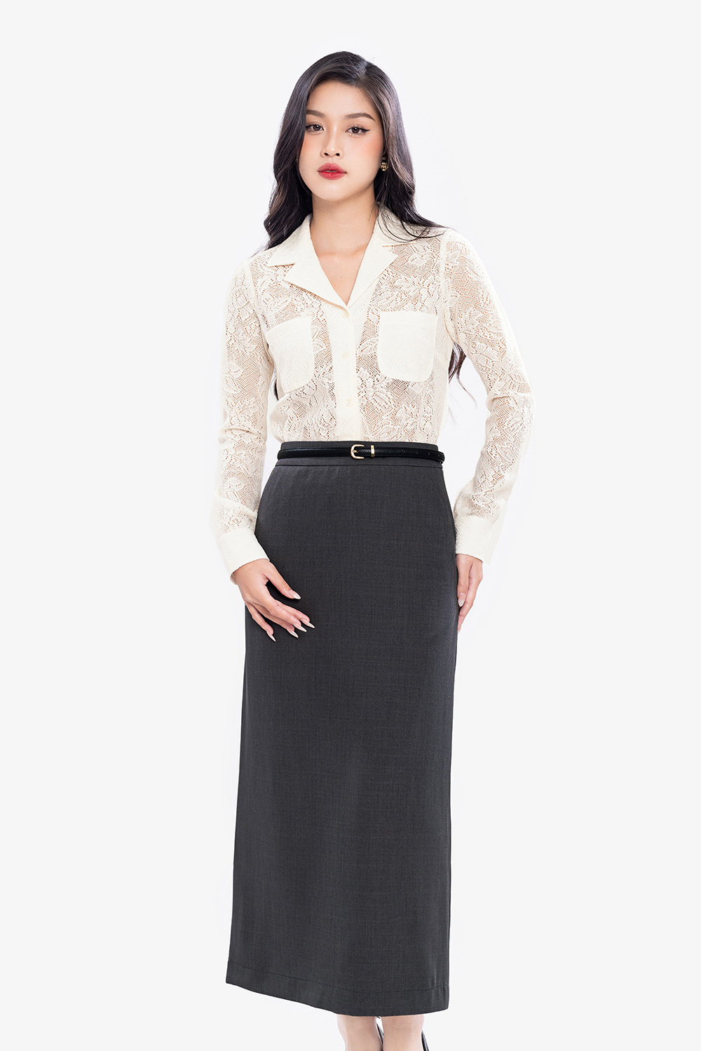 Áo ren kiểu sơ mi nữ cổ đan tông