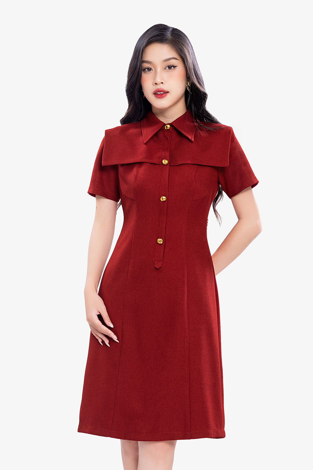 Đầm đỏ dự tiệc dáng chữ A cổ sơ mi