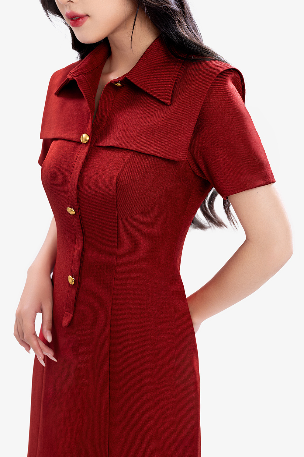 Đầm đỏ dự tiệc dáng chữ A cổ sơ mi
