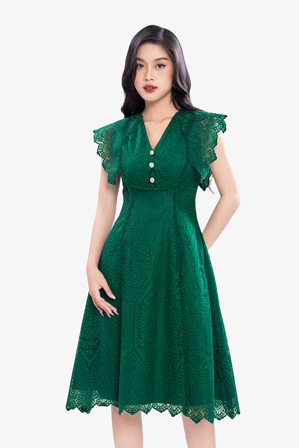 Đầm ren đi tiệc màu xanh dáng chữ A