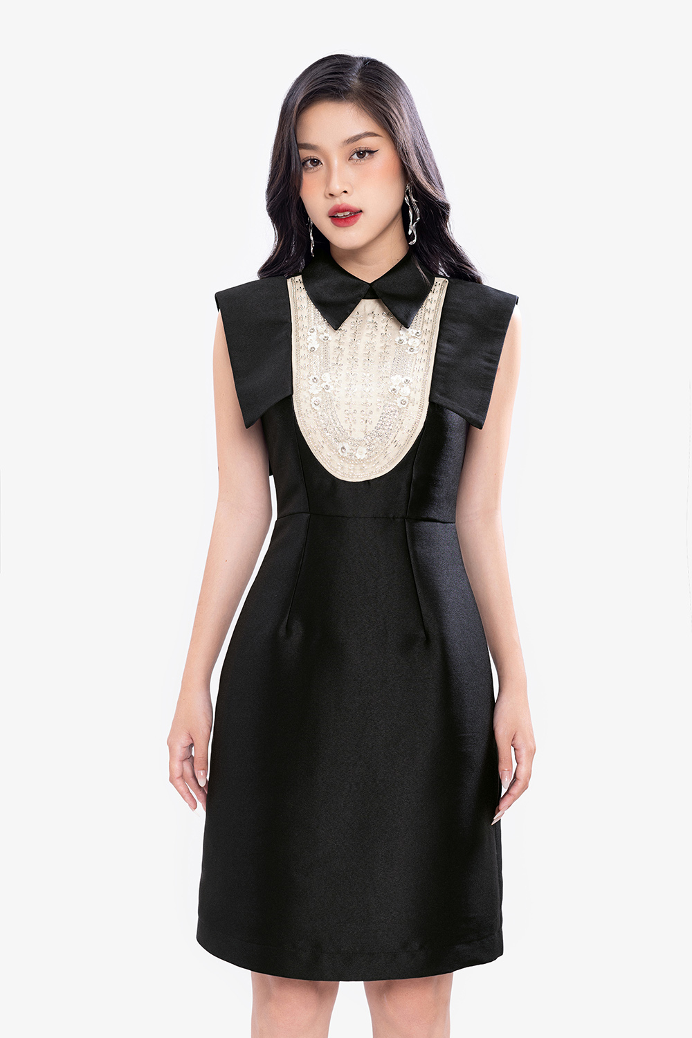 Đầm đen tafta dự tiệc dáng chữ A phối kim sa