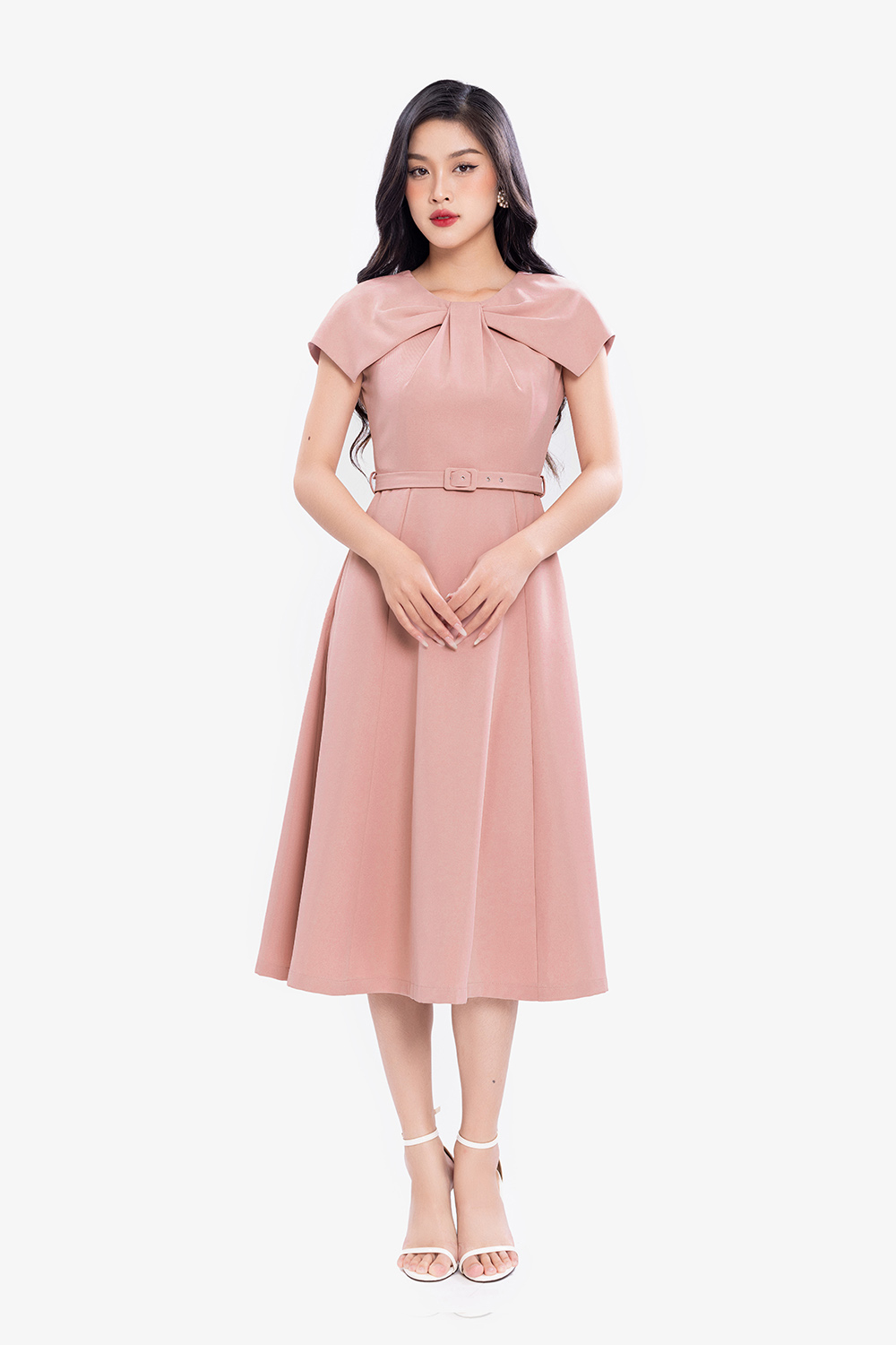Đầm hồng dự tiệc dáng xòe kèm belt