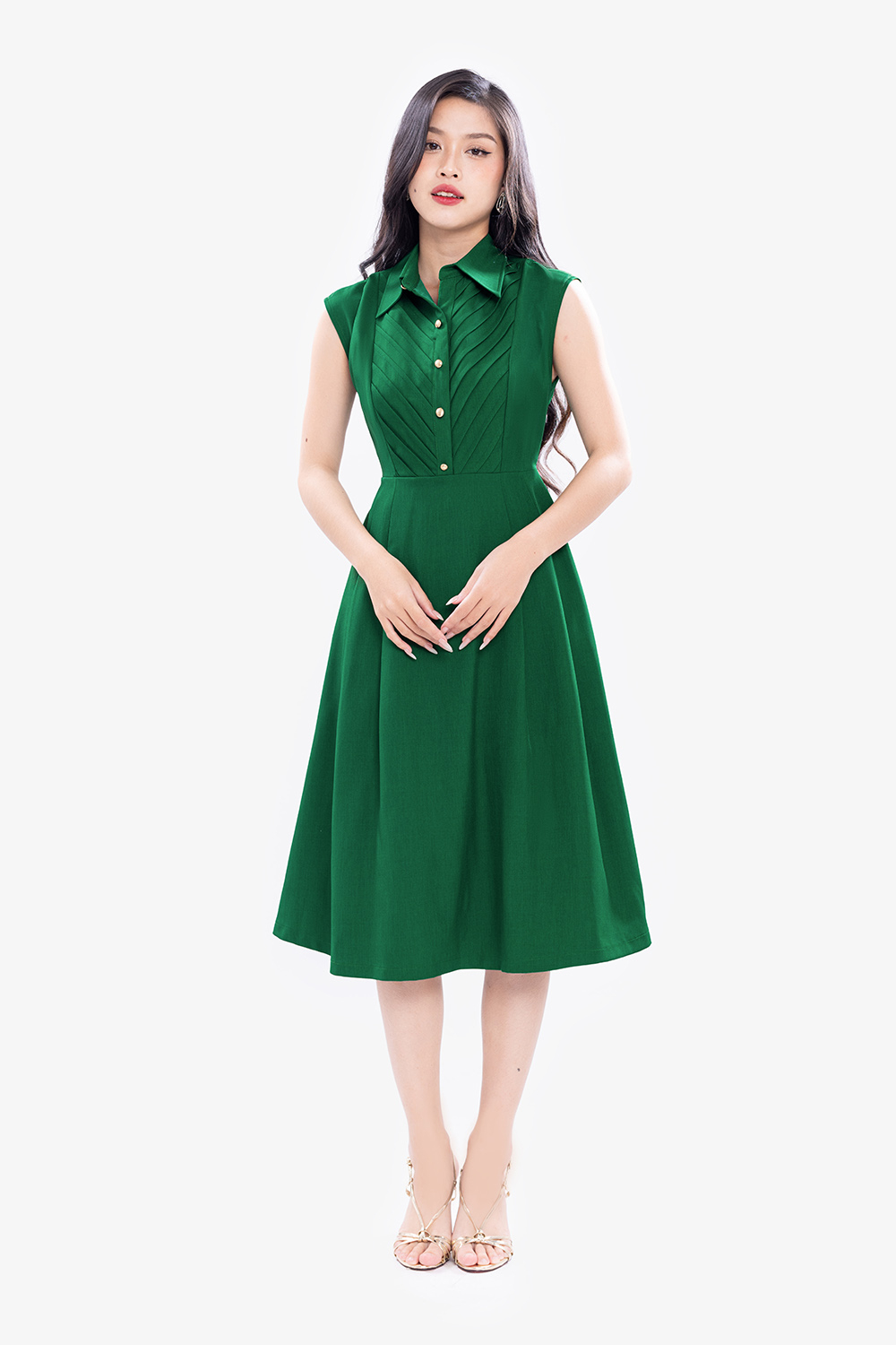 Đầm sơ mi dáng xòe màu xanh