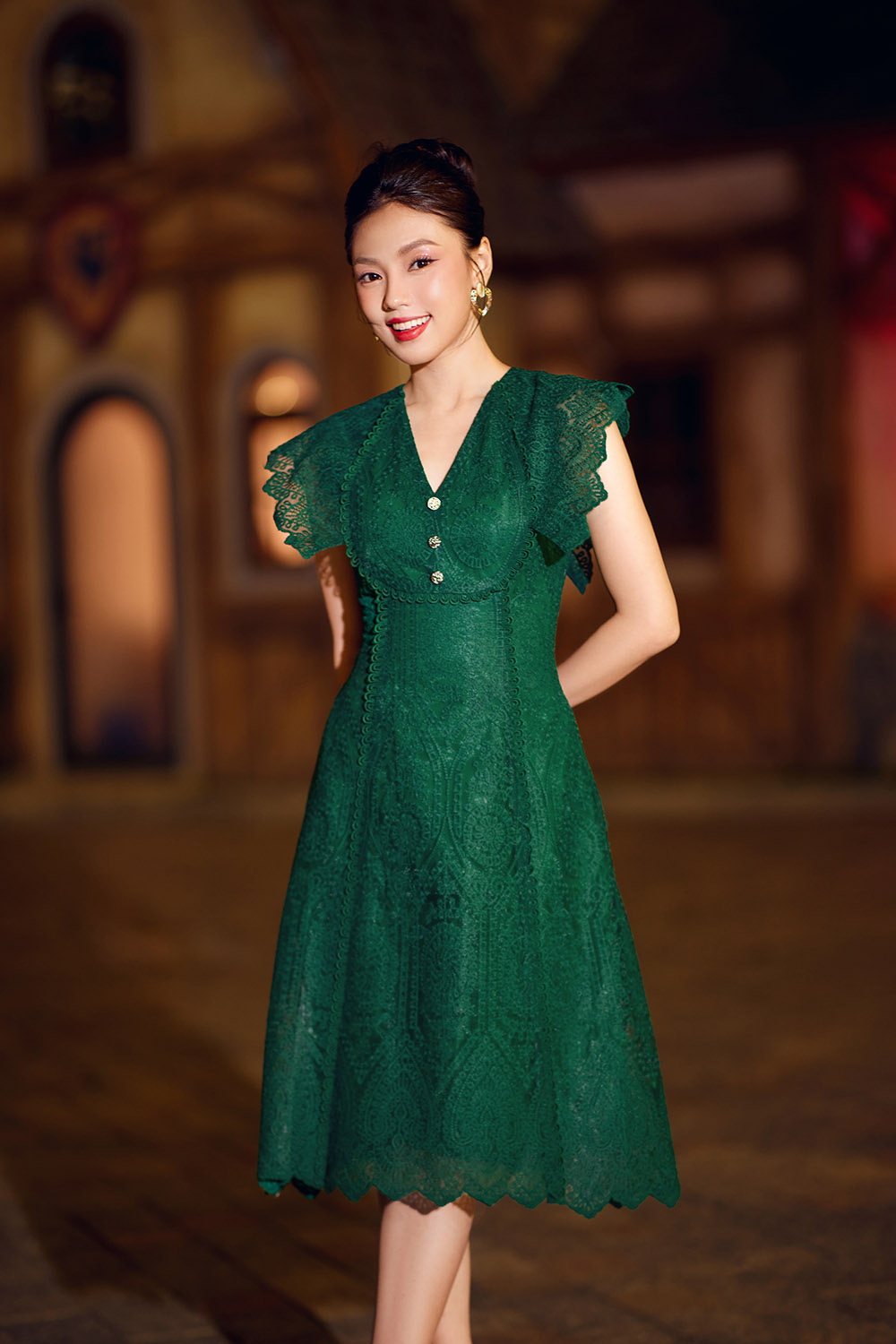 Đầm ren đi tiệc màu xanh dáng chữ A HL30-09