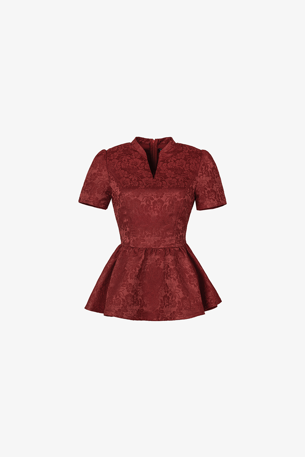 Áo gấm hoa đỏ peplum cổ cách điệu