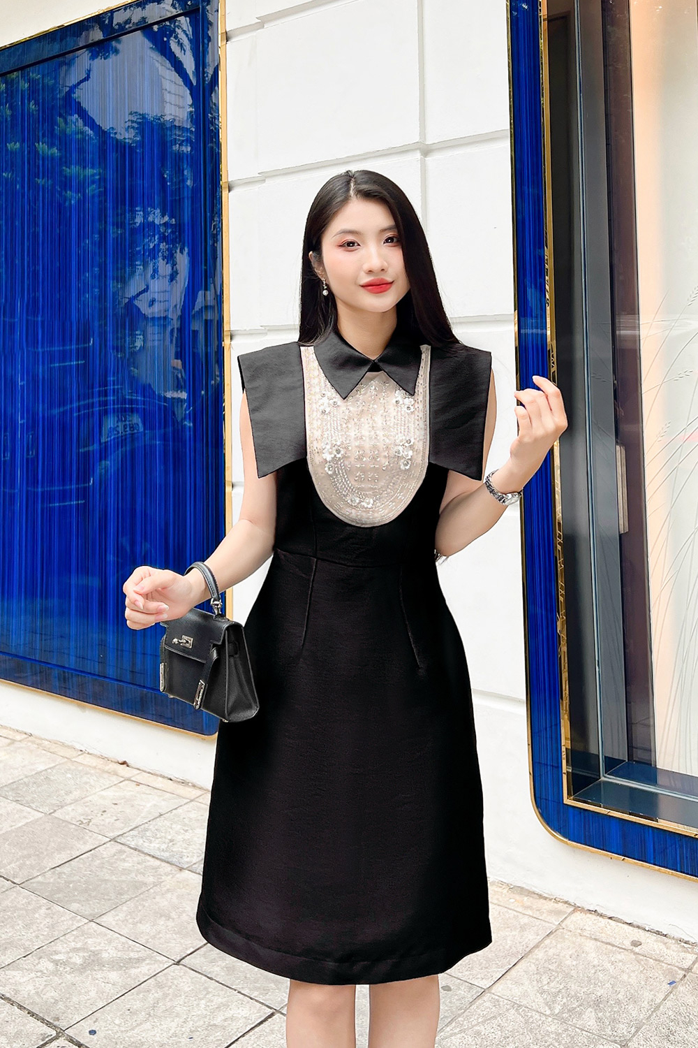 Đầm đen tafta dự tiệc dáng chữ A phối kim sa