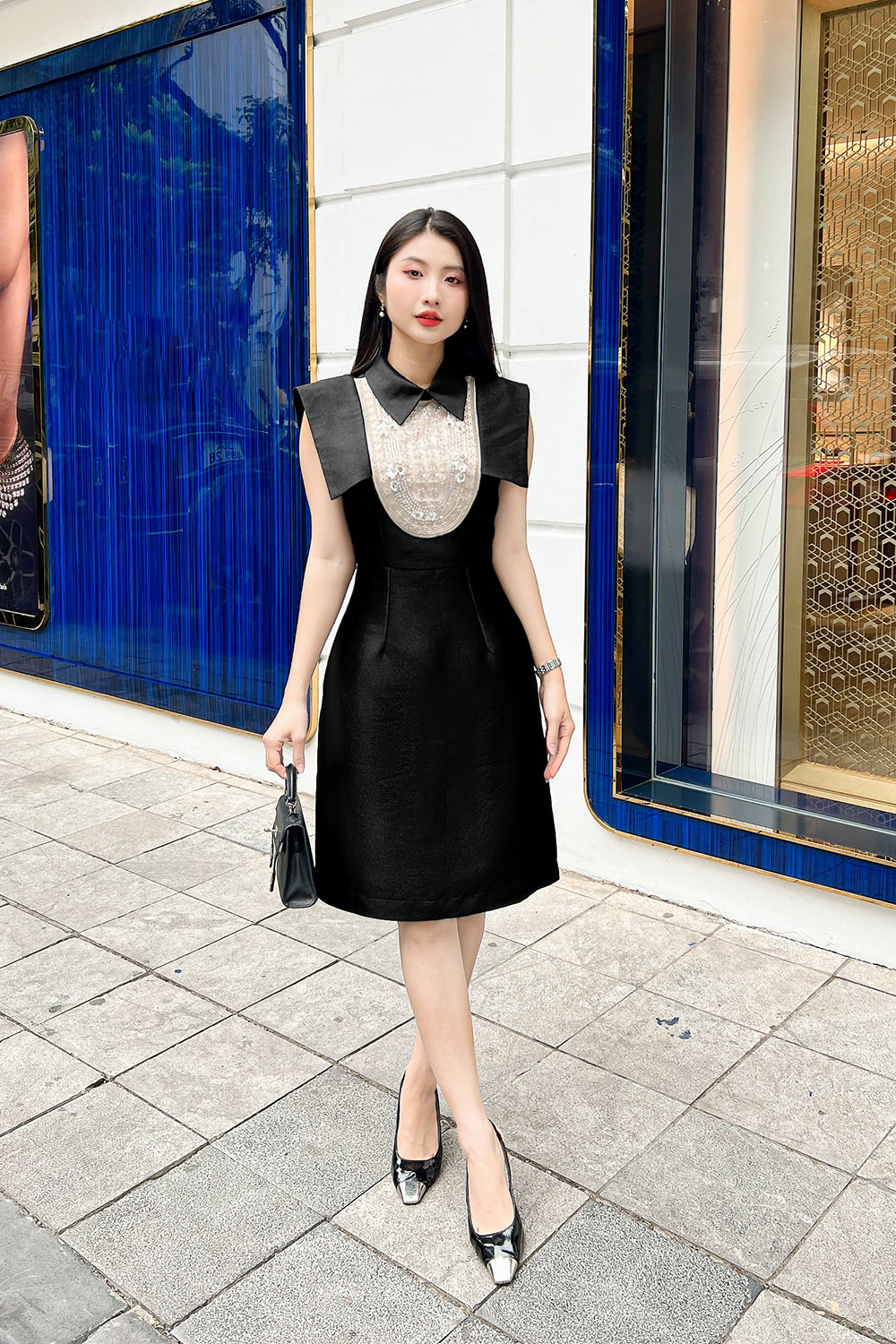 Đầm đen tafta dự tiệc dáng chữ A phối kim sa