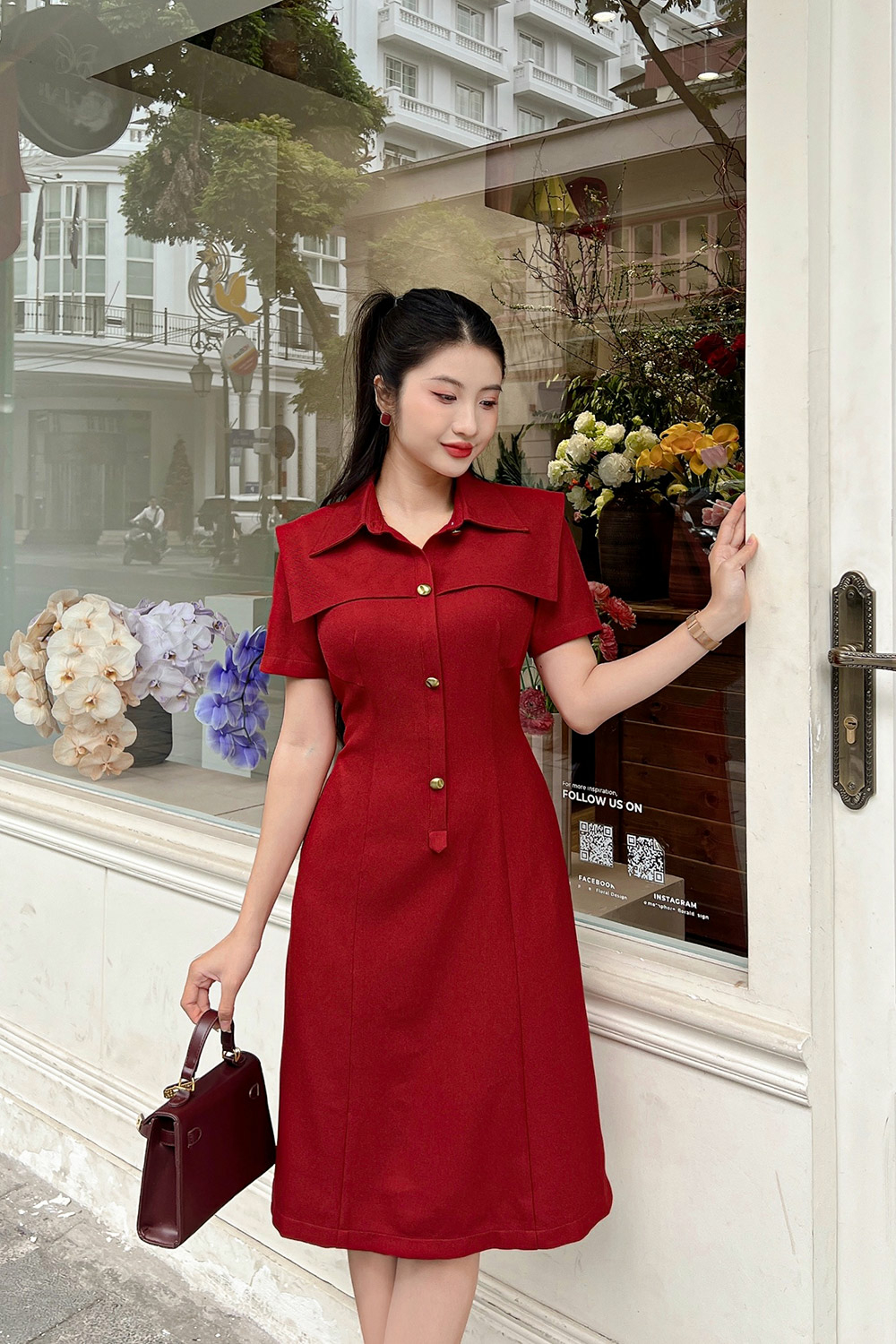 Đầm đỏ dự tiệc dáng chữ A cổ sơ mi