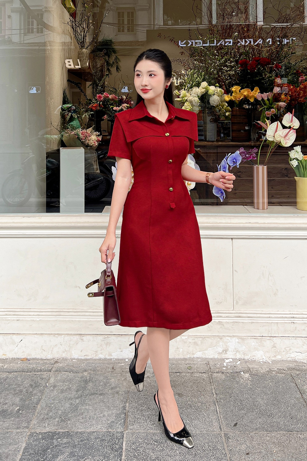 Đầm đỏ dự tiệc dáng chữ A cổ sơ mi
