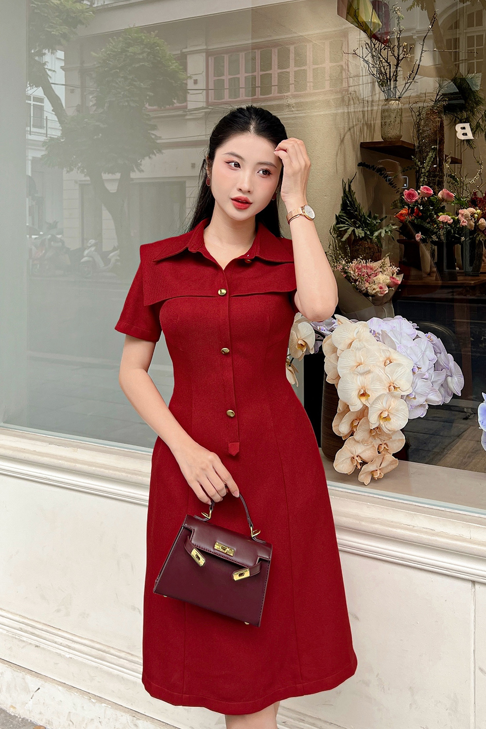 Đầm đỏ dự tiệc dáng chữ A cổ sơ mi