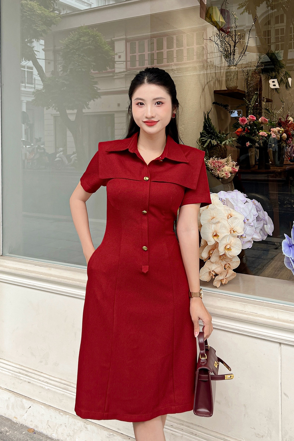 Đầm đỏ dự tiệc dáng chữ A cổ sơ mi