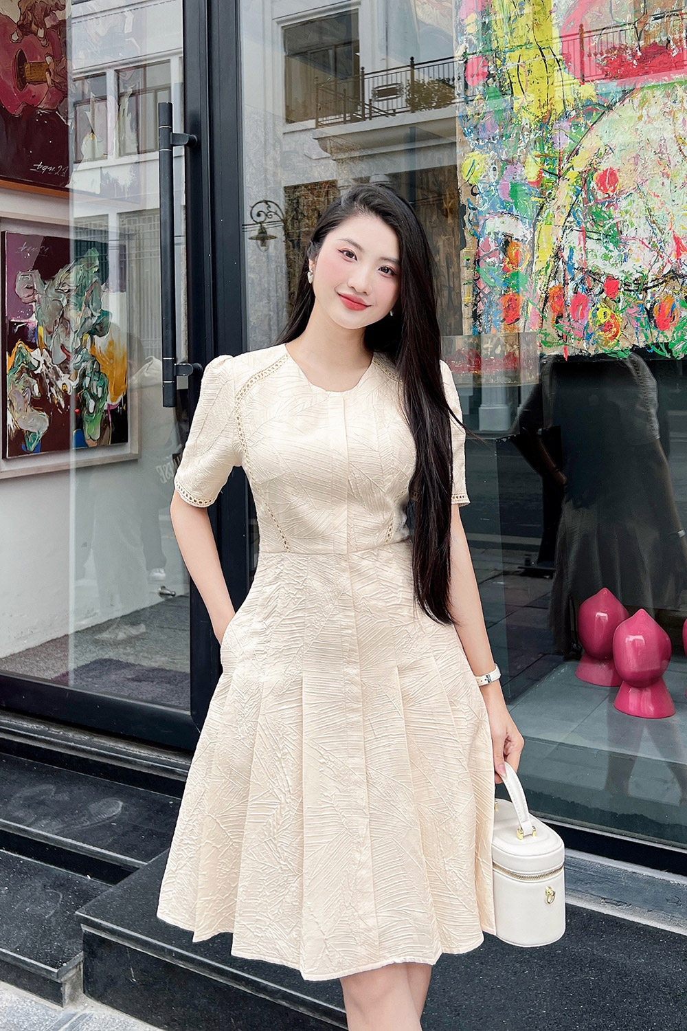 Đầm dự tiệc dáng xòe xếp ly cổ tròn