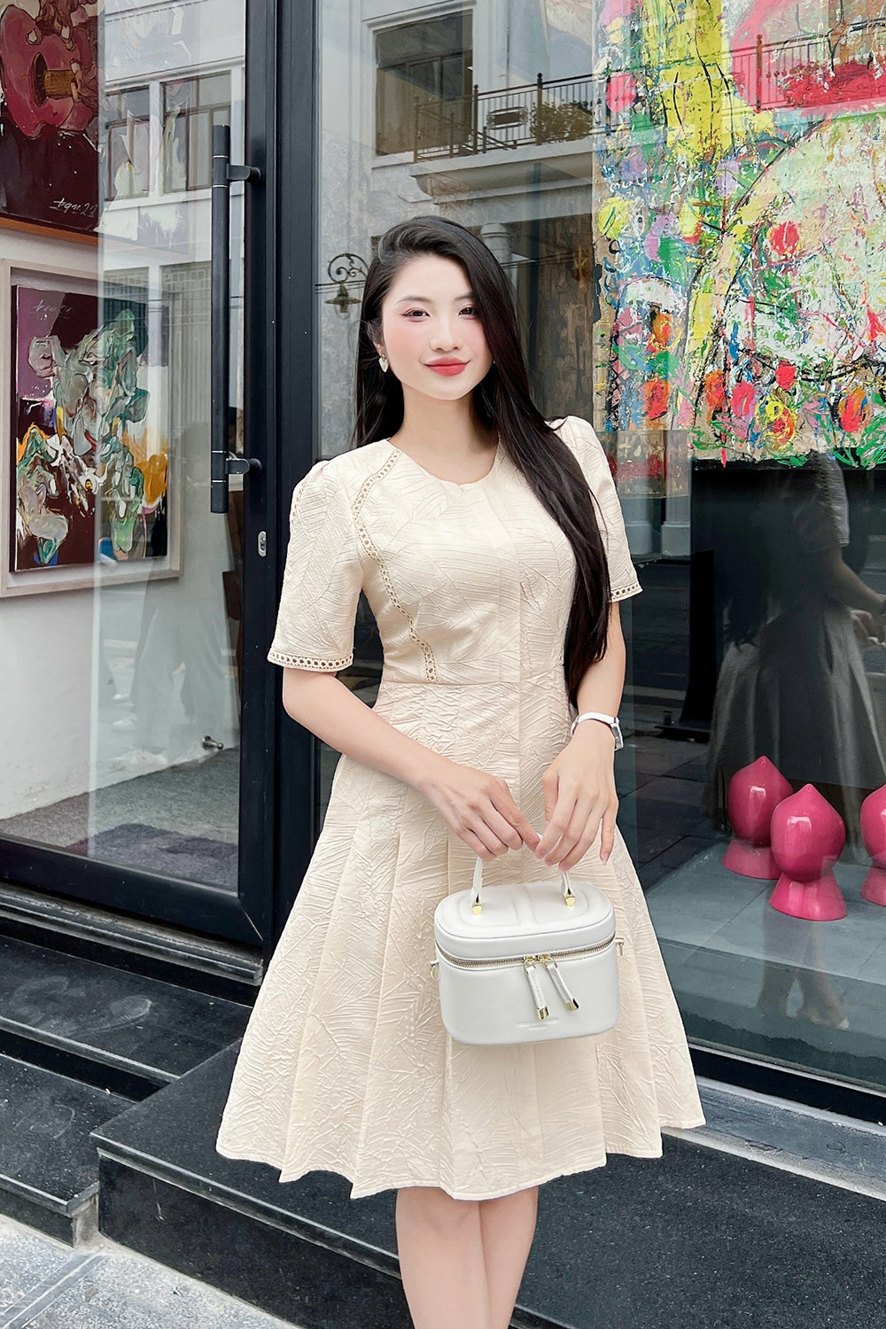 Đầm dự tiệc dáng xòe xếp ly cổ tròn