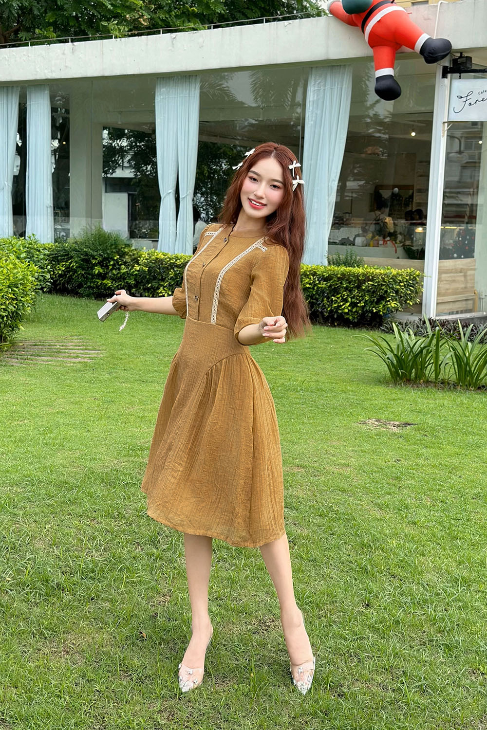 Đầm xòe công sở tay lỡ phối nút