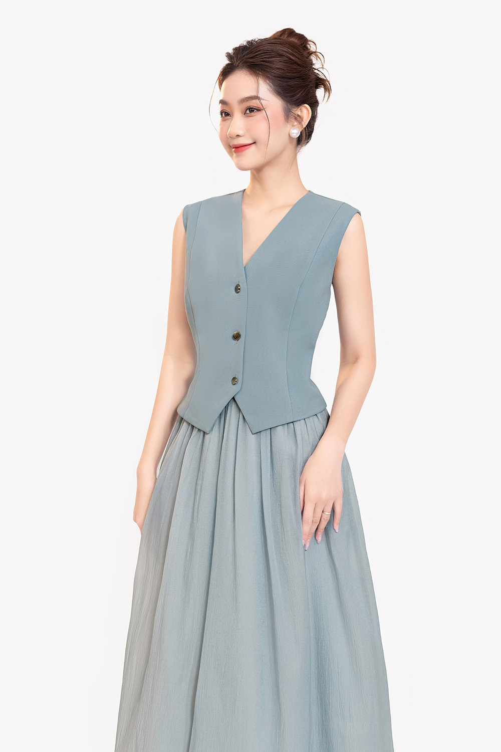 Áo gile nữ sát nách màu xanh