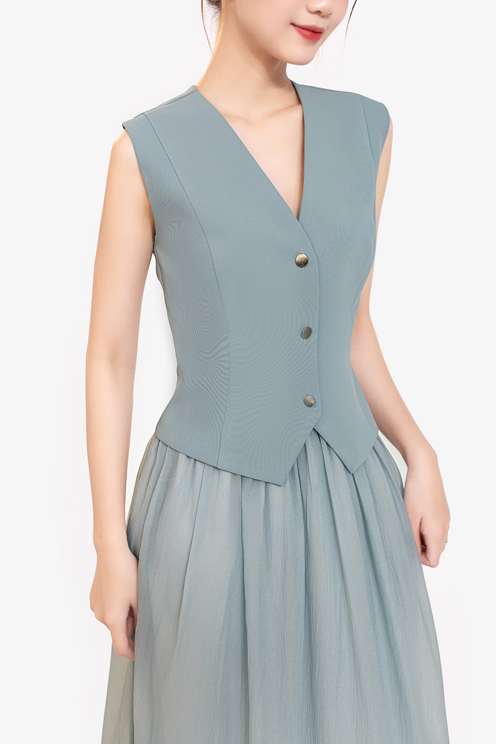 Áo gile nữ sát nách màu xanh