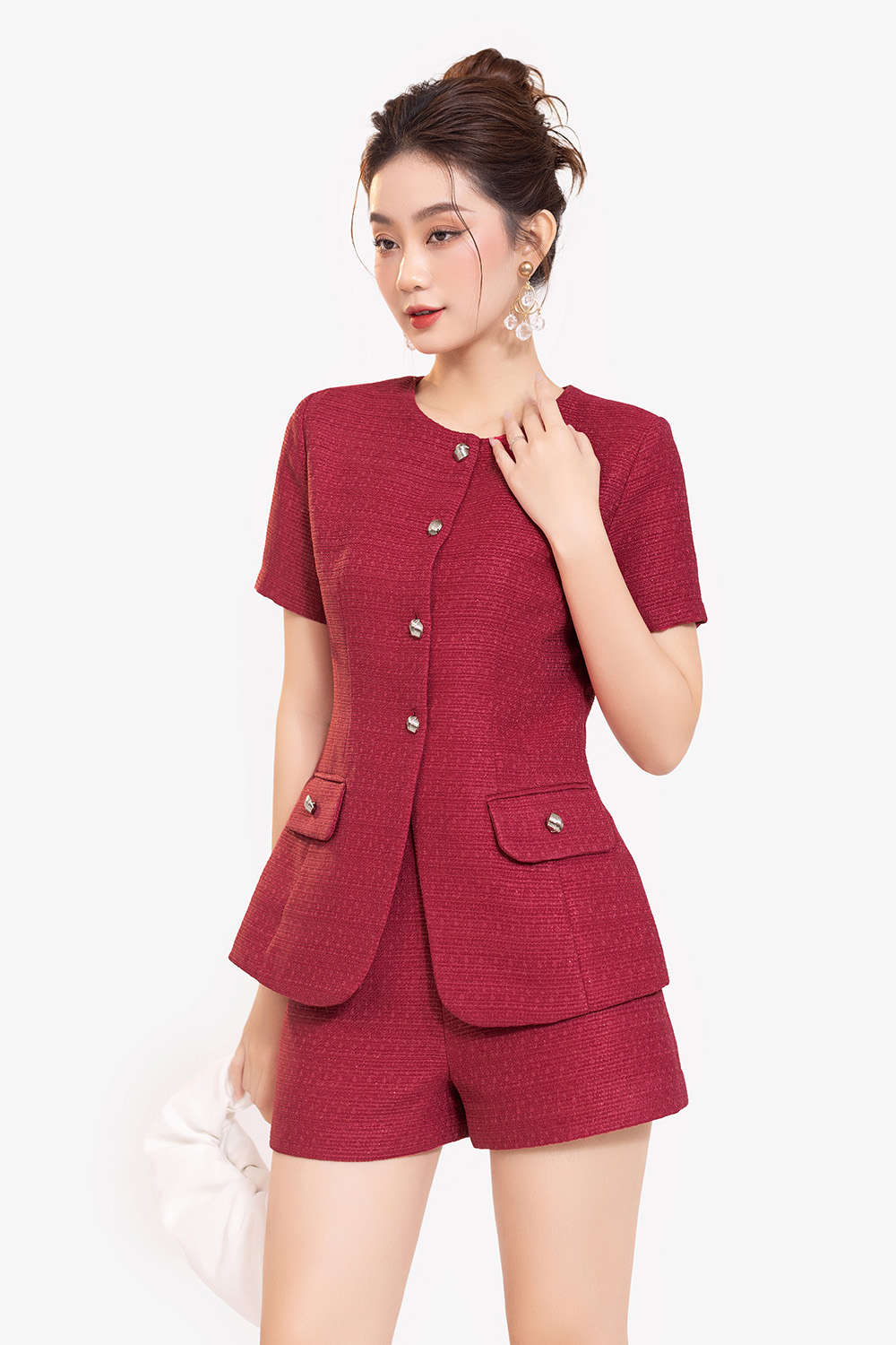 Áo tweed nữ sang trọng cổ tròn màu hồng