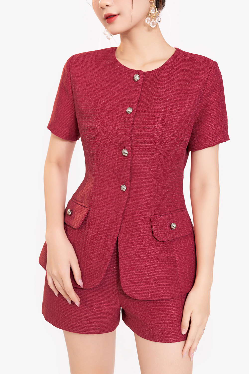 Áo tweed nữ sang trọng cổ tròn màu hồng