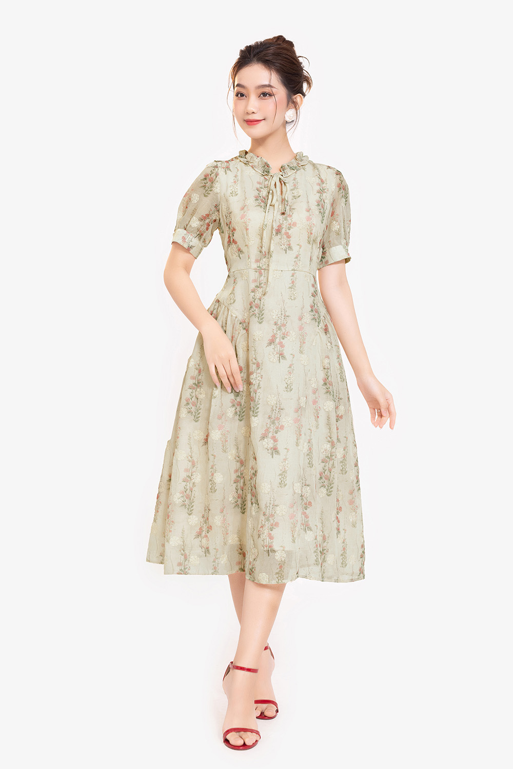 Đầm xòe hoa cổ viền bèo thắt nơ